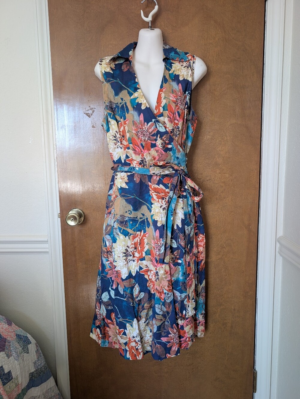 Pendleton Blue Floral Linen Blend Collared Wrap Midi Dress